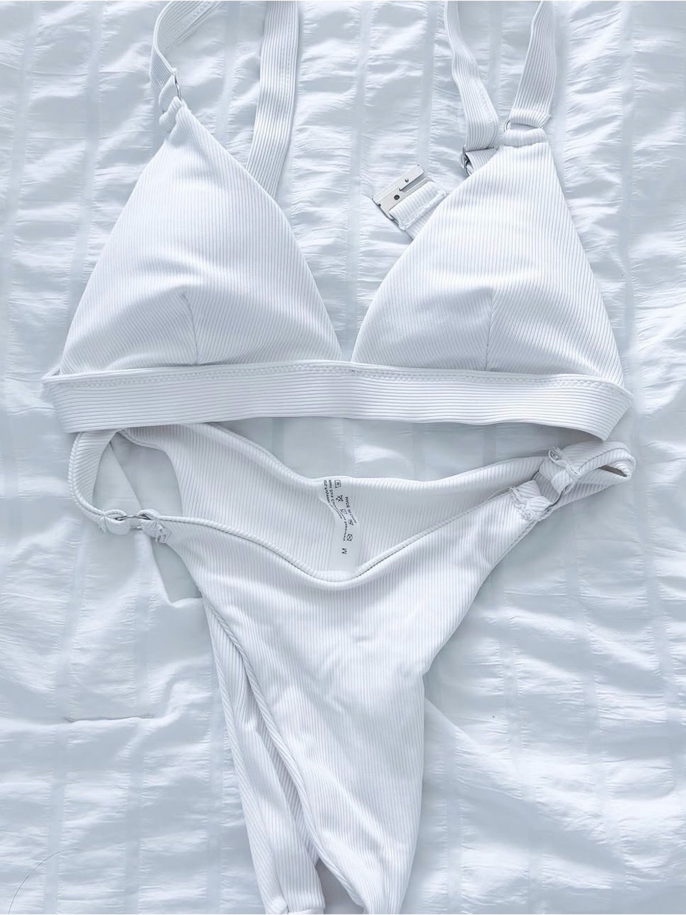 White Ribbed Triangle Bikini Set - Women